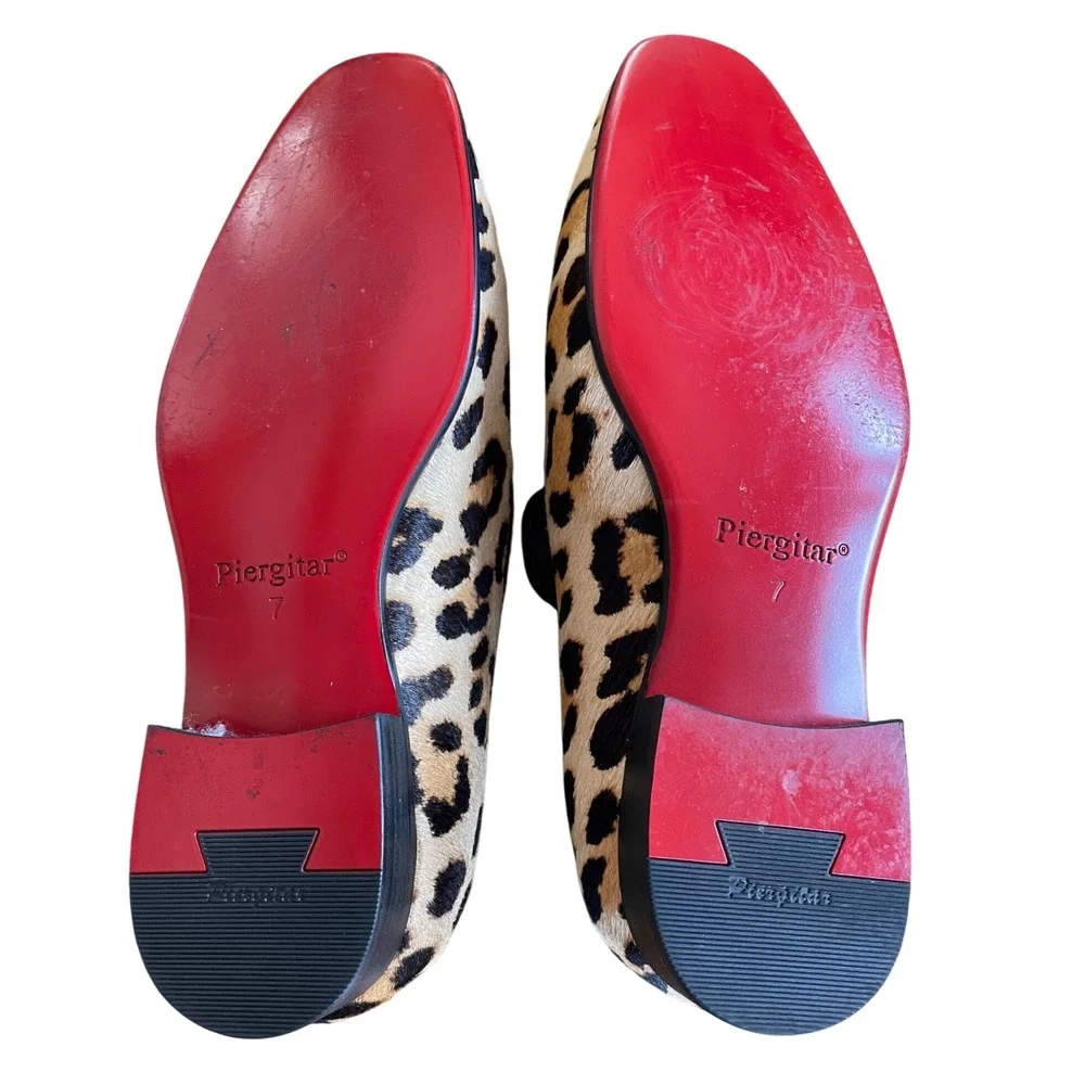 Piergitar Men's Leopard Print Pony Hair Loafers Smoking Slippers Size 7 Red Sole